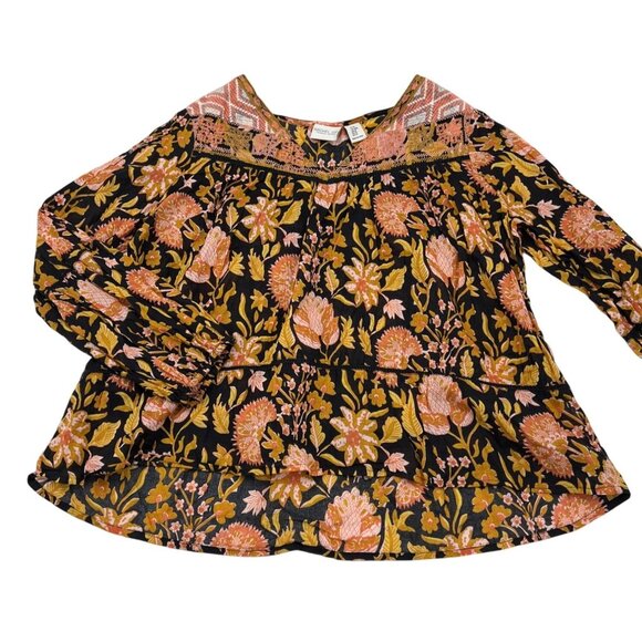 Rachel Zoe Floral Boho Blouse Crochet Detailing Black/Orange Medium - Picture 1 of 4
